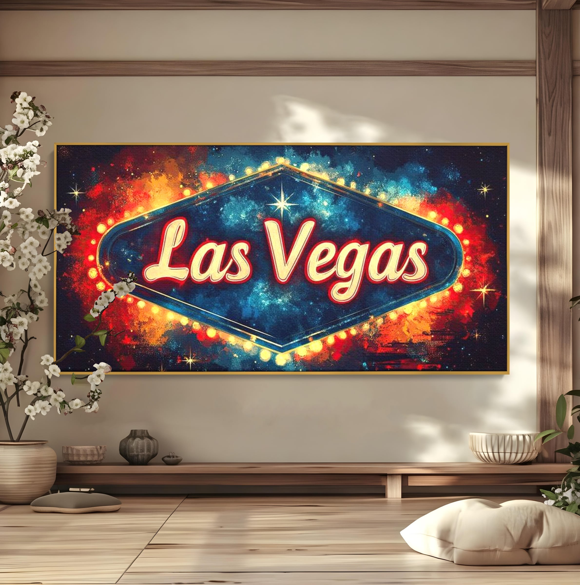 Tablou canvas cu tablou canvas cu semn neon las vegas, in rama de aluminiu auriu